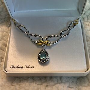 Silver and Gold Aqua Glass Teardrop  Necklace
